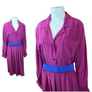 Vintage 80s Magenta Shirt Dress Long Sleeve Pleated Midi Dress | Plus Size 16 -